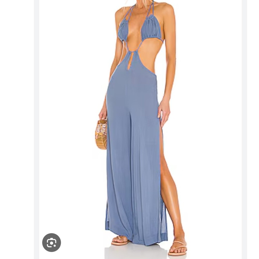 Tularosa Sofian Blue Crinkle Gauze Cutout Halter Wide Leg Jumpsuit Womens Small